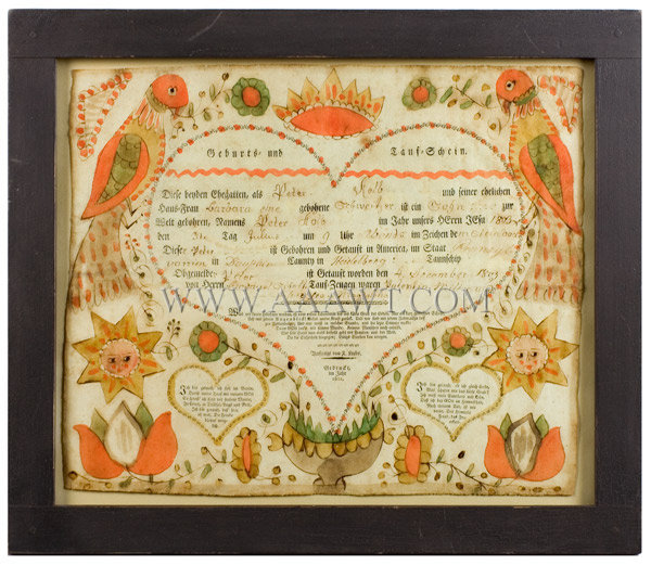 Antique Heart Taufschein Print, Fraktur, Hand Colored, Pennsylvania, entire view